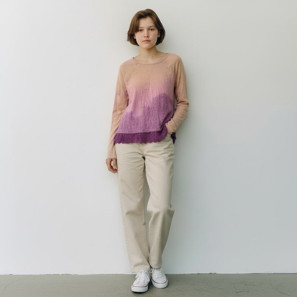 Ombre Hand Dyed Upcycled Lace Hem Long Raglan Sleeve Girl's Knit Top Size Large